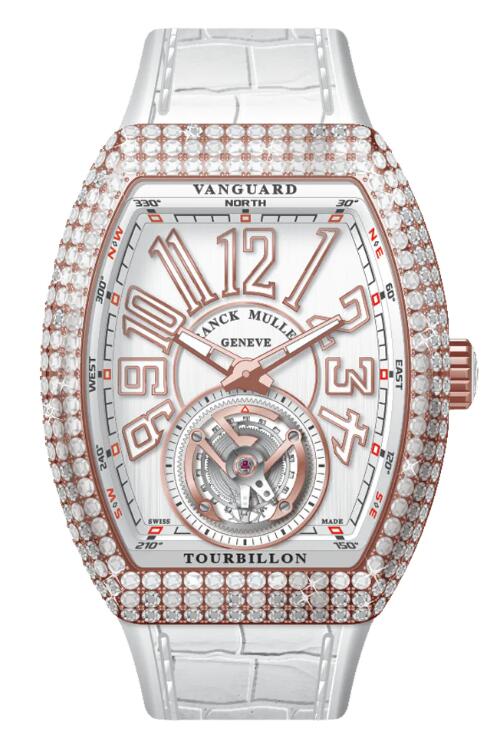 Best FRANCK MULLER Vanguard Tourbillon Rose Gold White Diamonds Case - White V 41 T D (BC) (5N) (BLC BLC 5N) Replica Watch